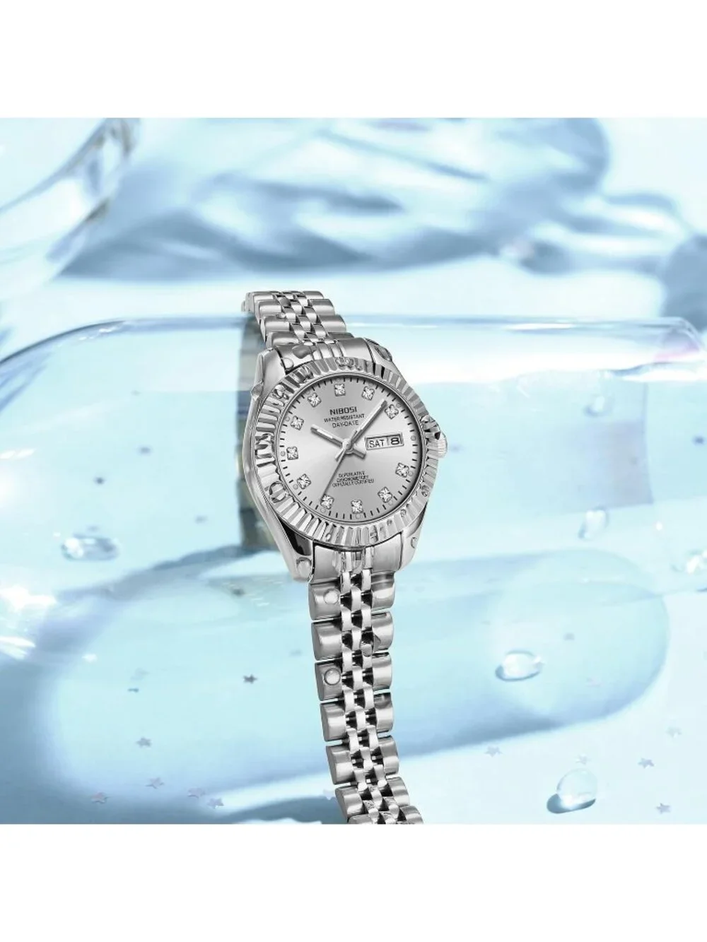Women's All Silver Waterproof Luminous, Dainty Luxury Diamond Dial Ladies Watch